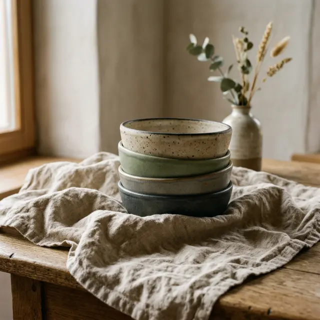 A stack of matte-glazed ceramic bowls on linen