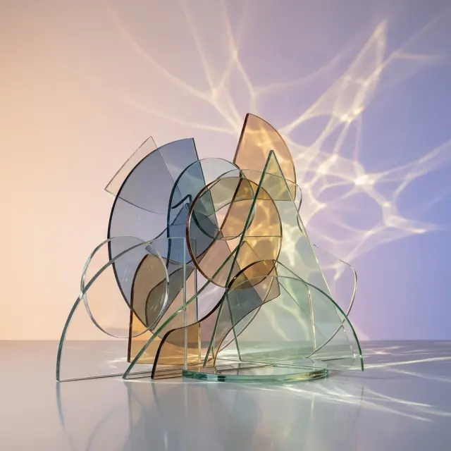 Layered translucent glass shapes lit in a studio
